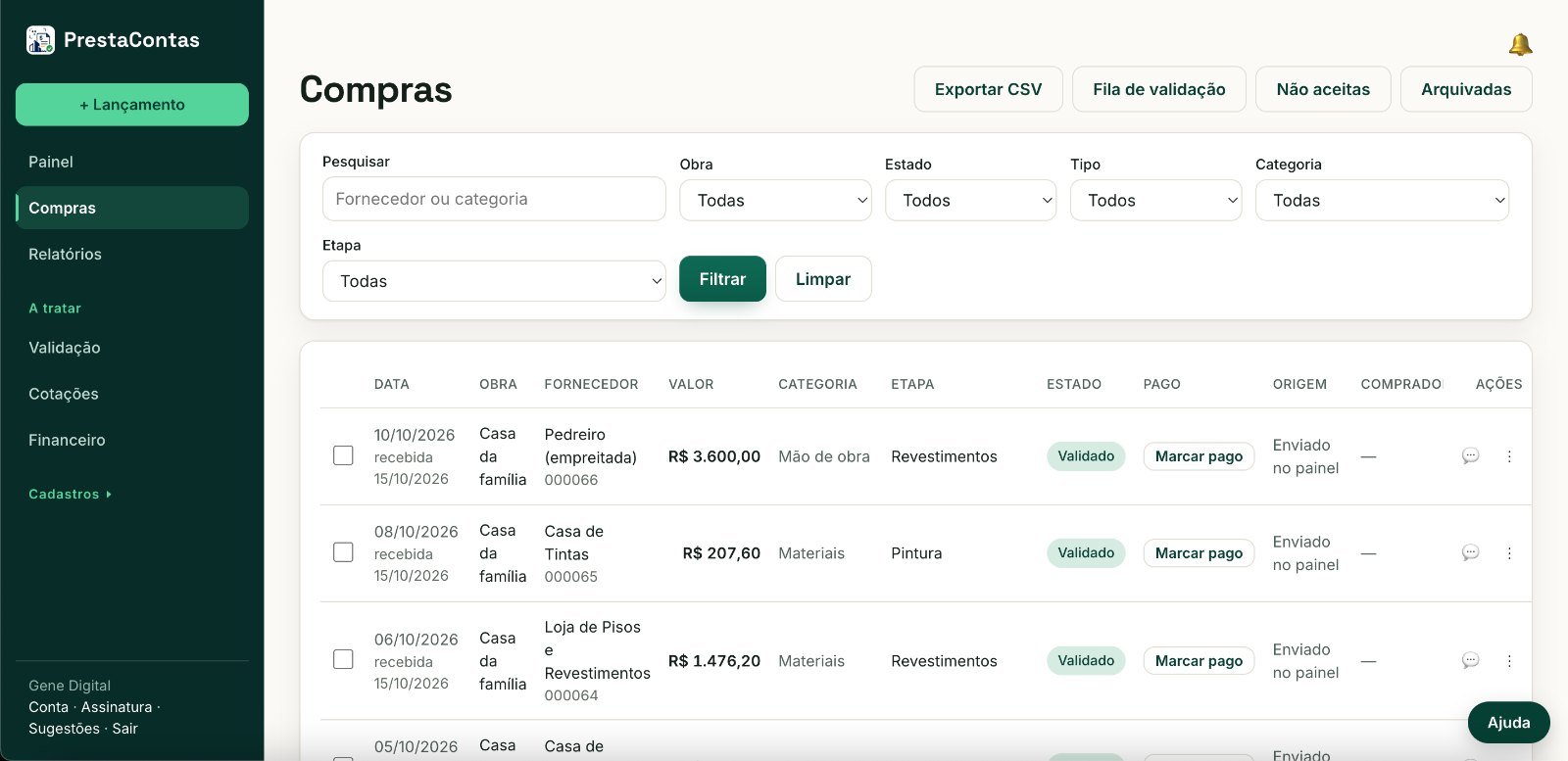 Tela da lista de compras da obra no PrestaContas