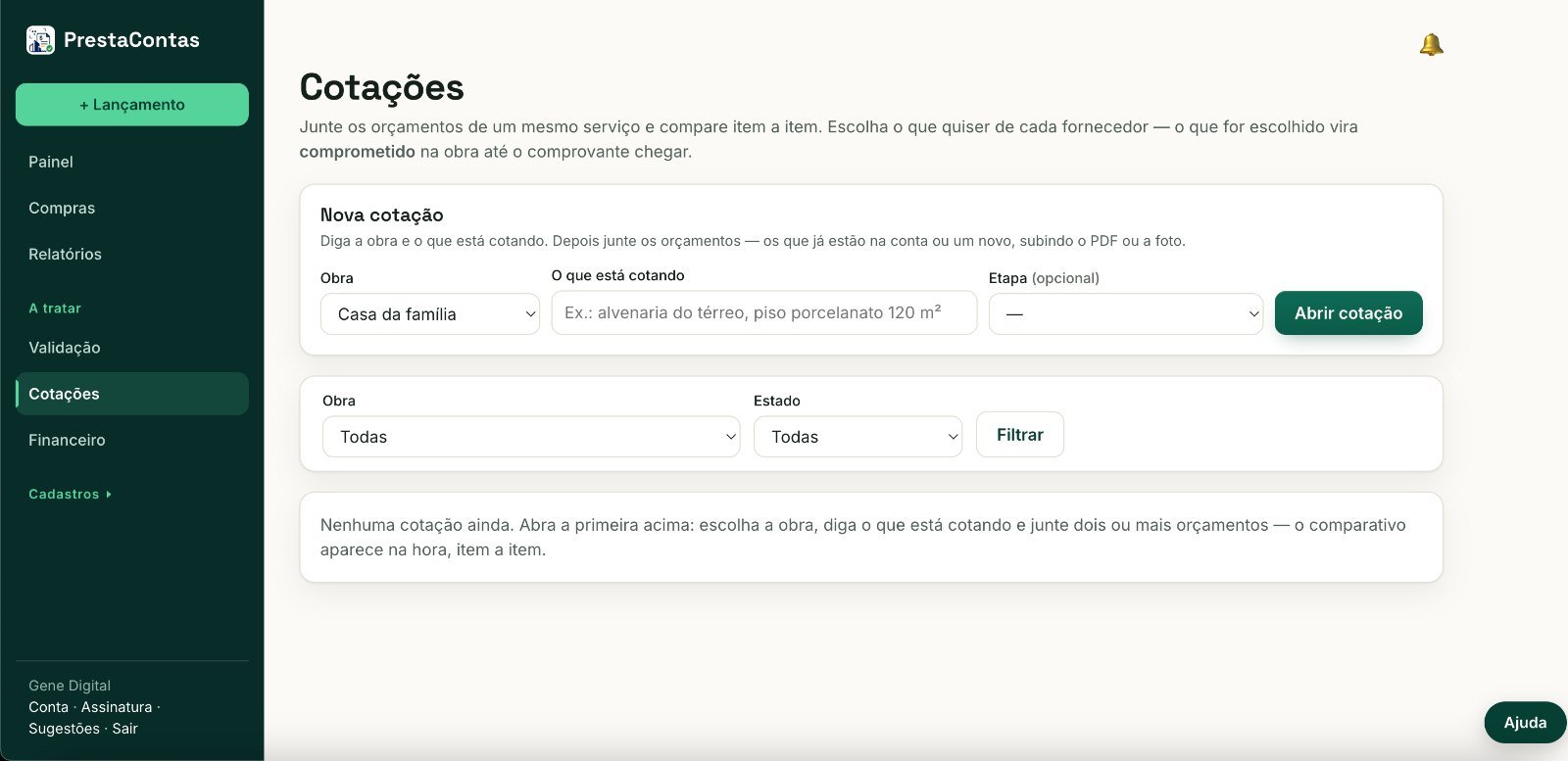 Tela de cotações de fornecedores no PrestaContas